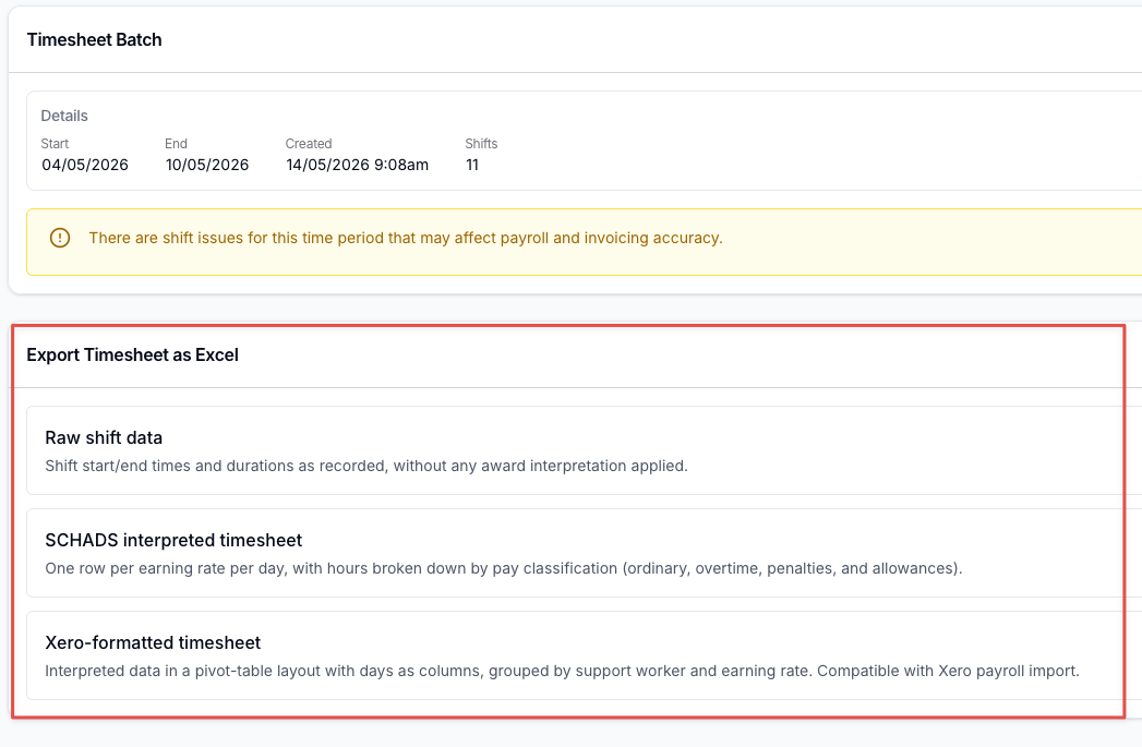 The Export Timesheet as Excel page listing the Raw shift data, SCHADS interpreted timesheet and Xero-formatted timesheet options.