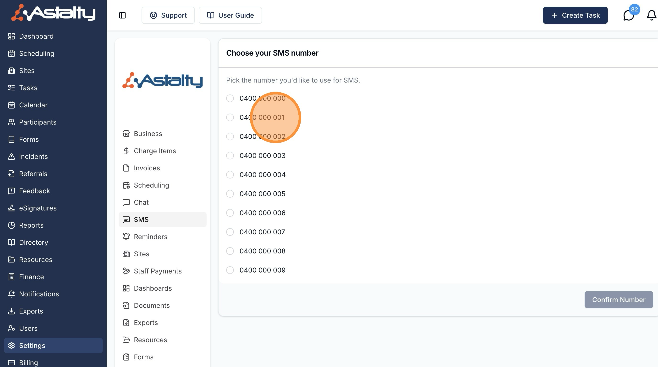 The Choose your SMS number screen with a list of available numbers.
