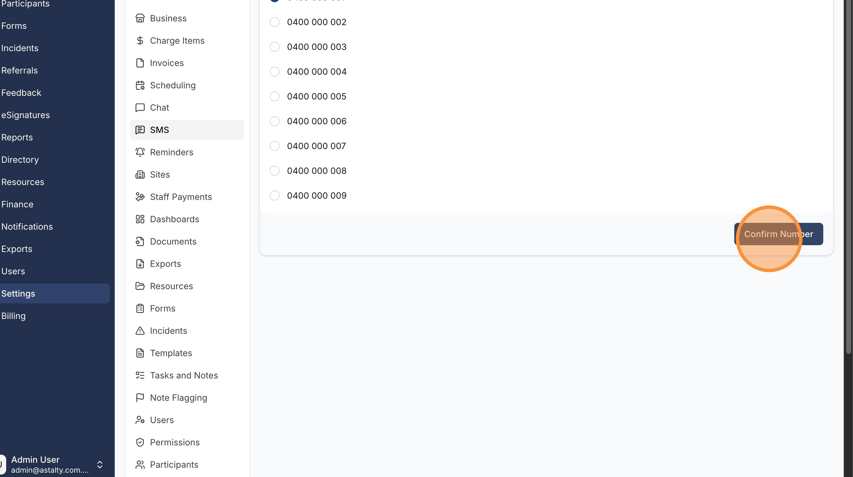 Confirming the selected SMS number with the Confirm Number button.