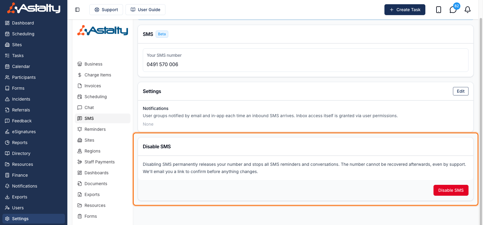 The Disable SMS section on the SMS settings page, warning that disabling permanently releases the number, with a red Disable SMS button.