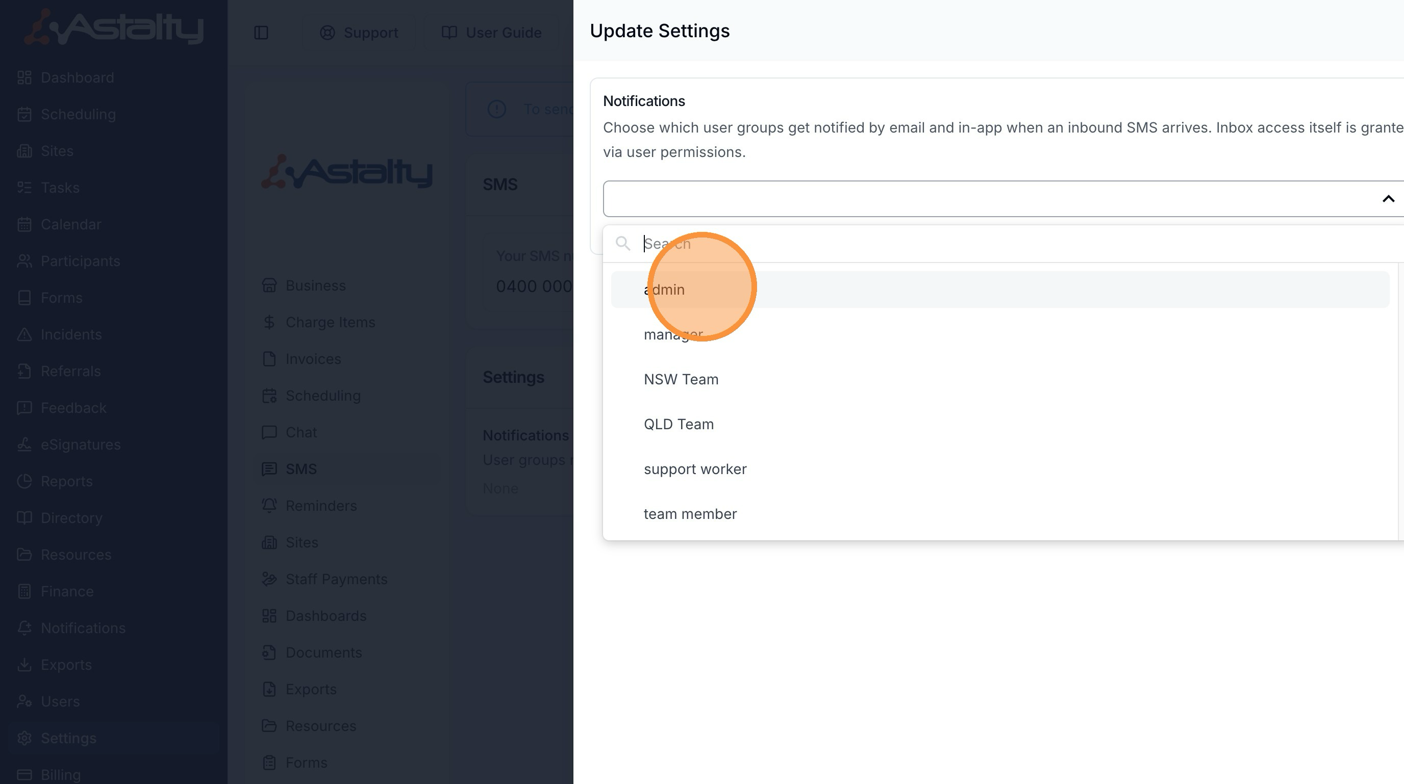 The Update Settings panel with the user group selector open for inbound SMS notifications.