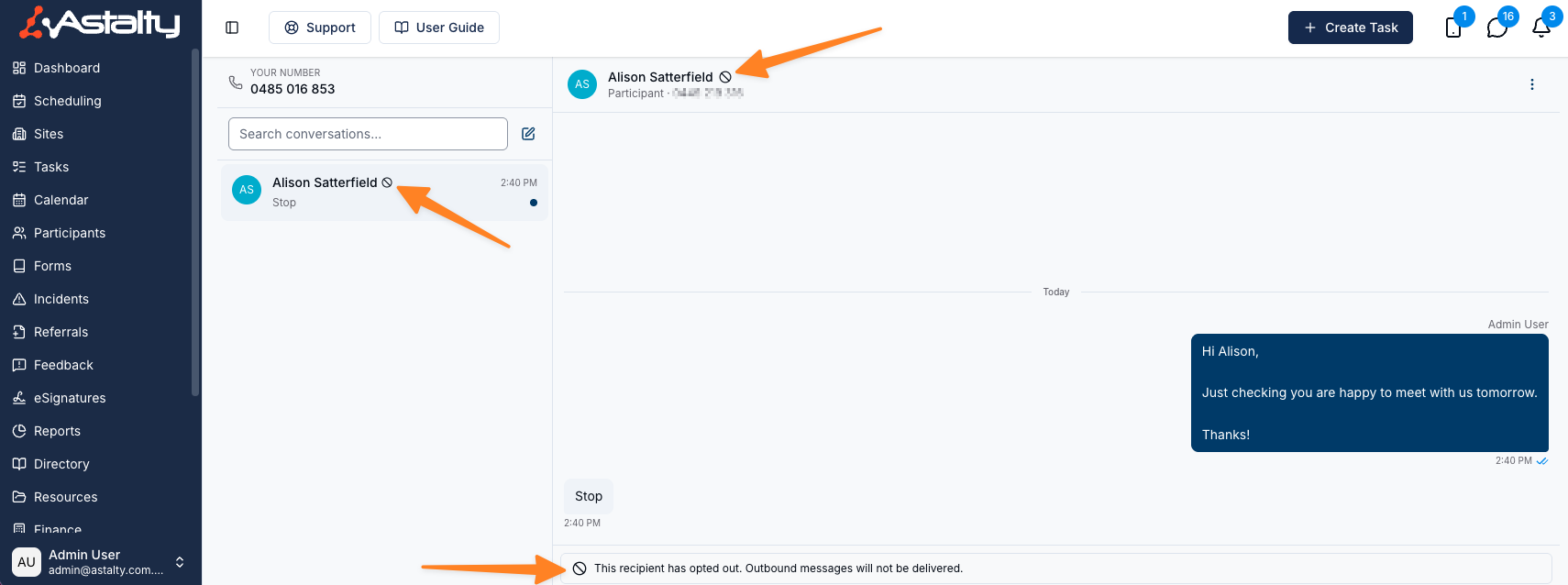 The SMS inbox showing an opted-out conversation, with an opt-out icon next to the contact's name and a banner reading This recipient has opted out. Outbound messages will not be delivered.