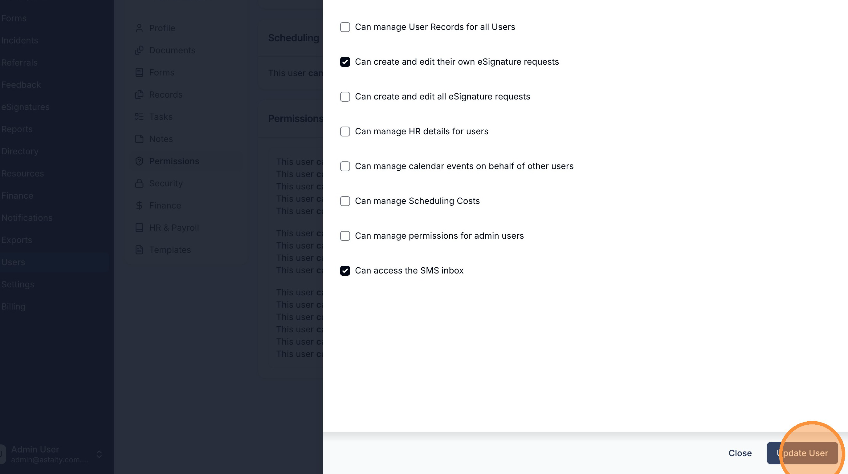 The permissions editor with the Can access the SMS inbox checkbox ticked.