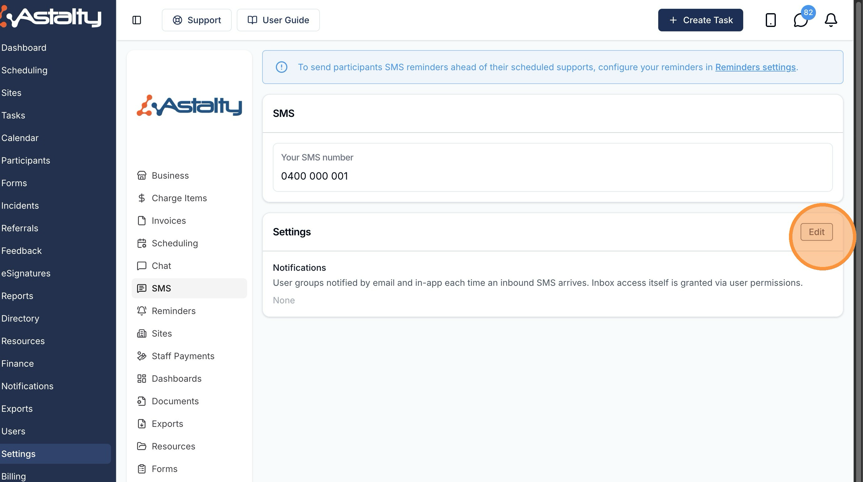 The SMS settings page showing the provisioned number and the Settings section with an Edit button.