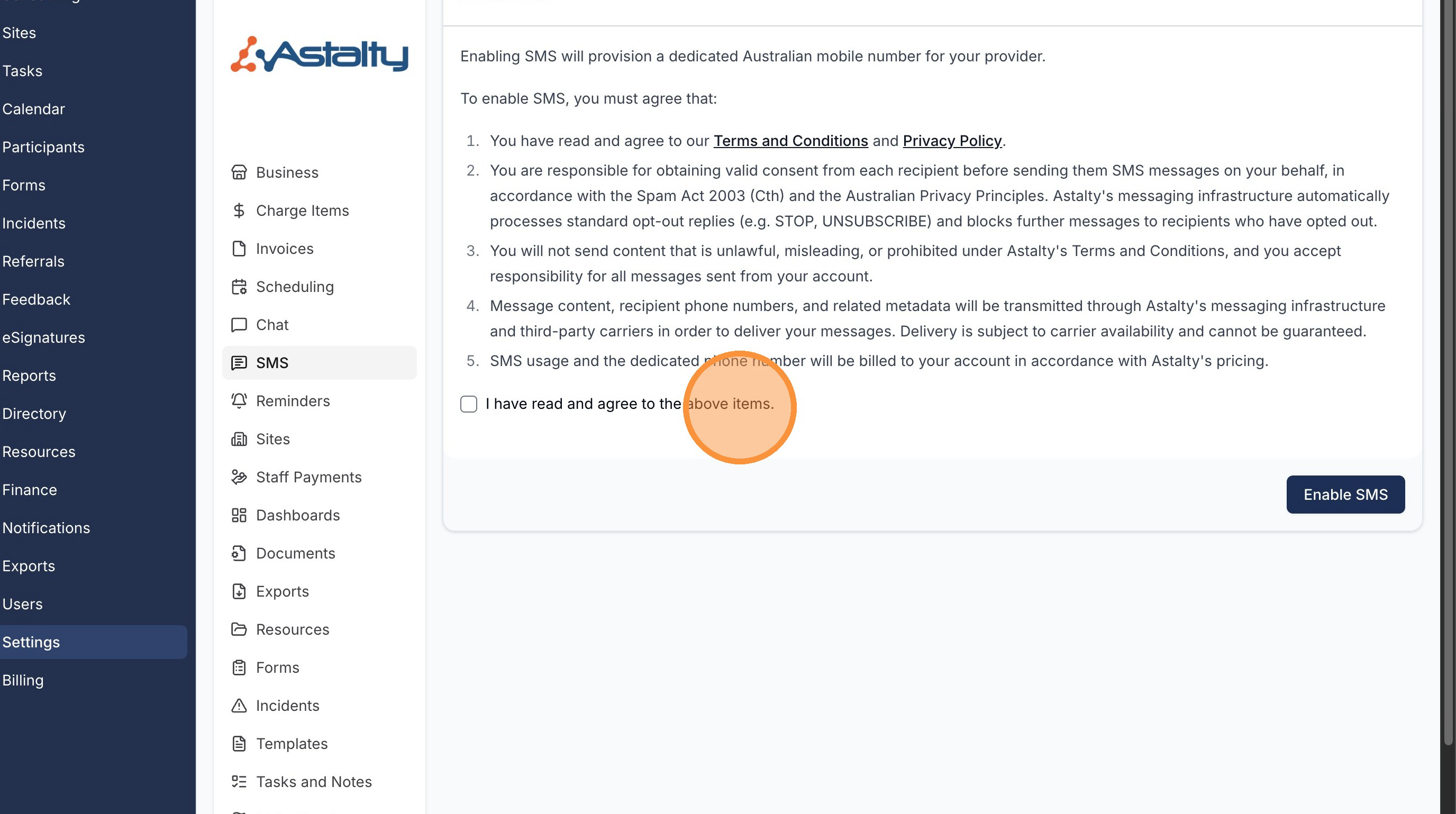 The SMS terms and conditions with the agreement checkbox and Enable SMS button.