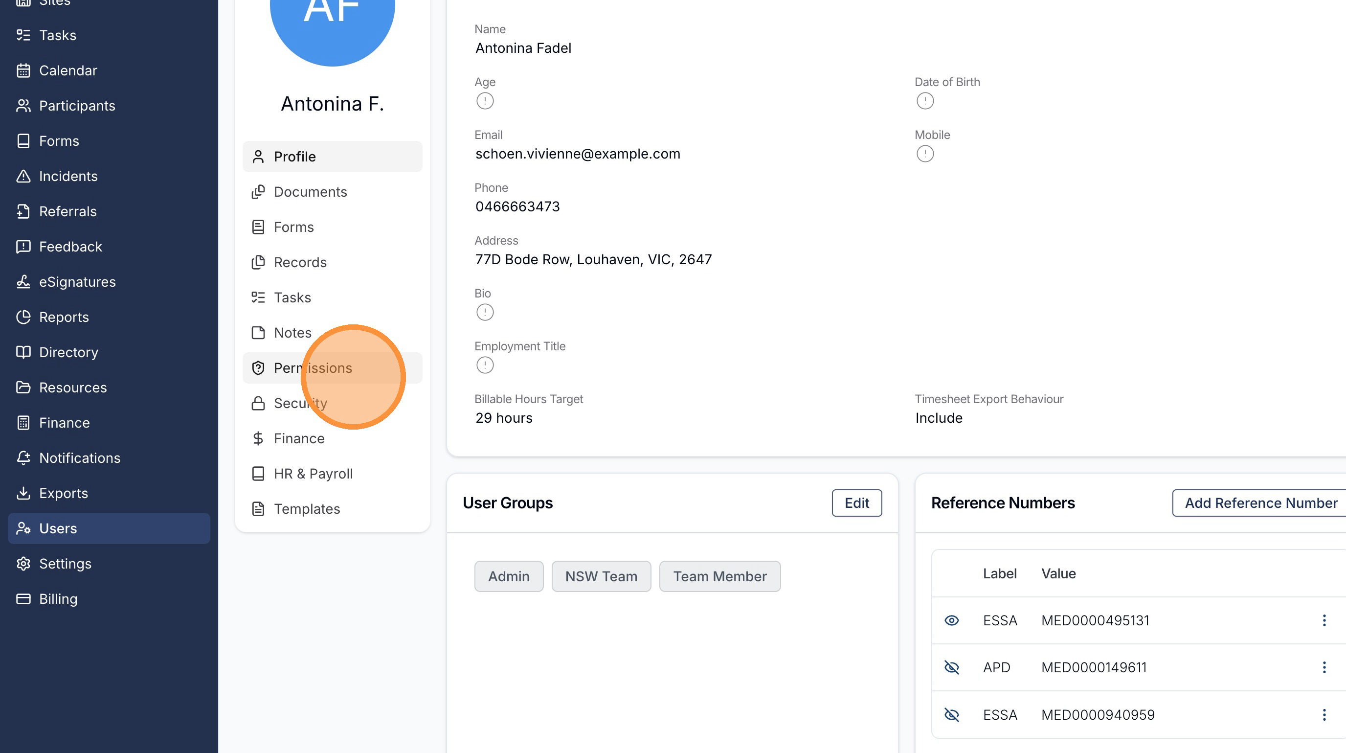 A user profile with the Permissions tab highlighted.