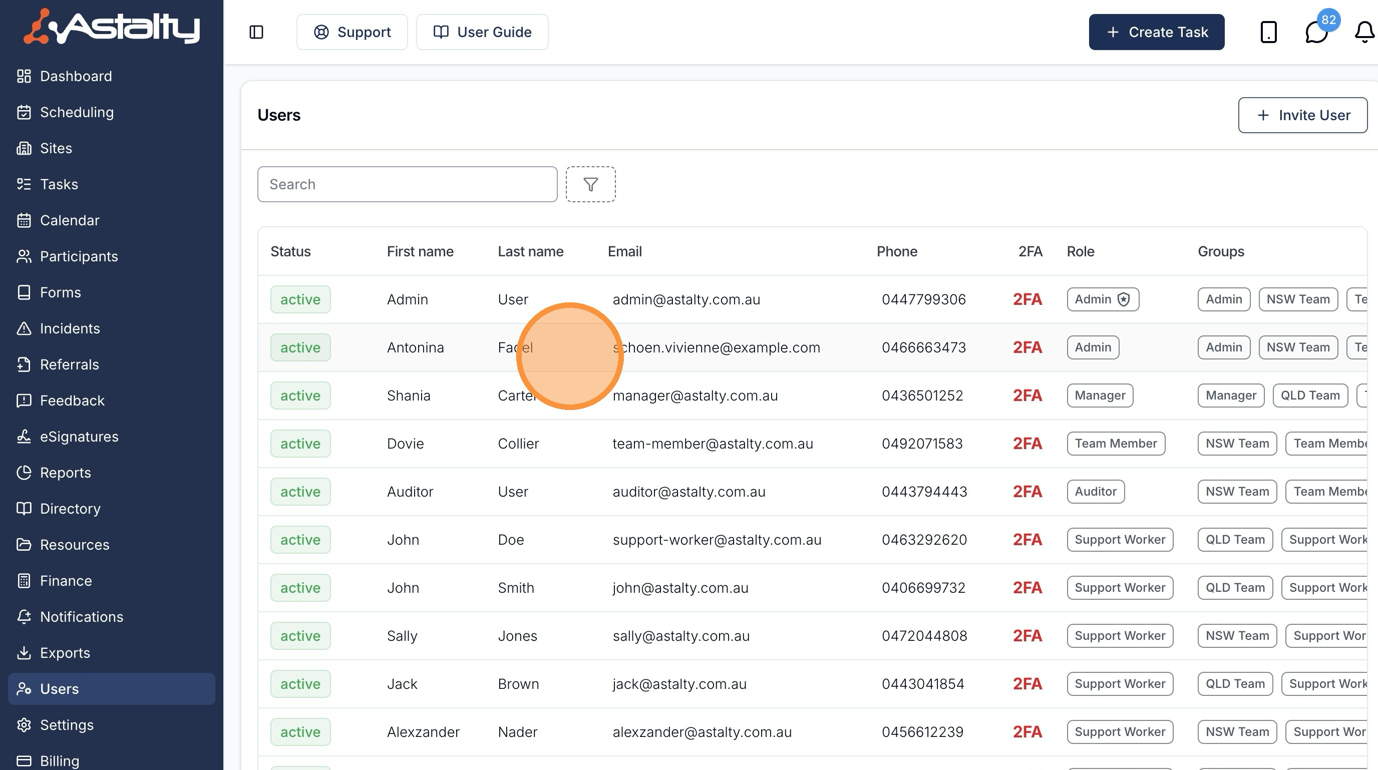 The Users page listing team members.