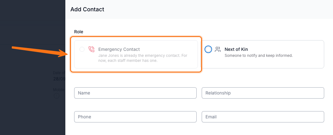 The Add Contact drawer with a Role choice of Emergency Contact and Next of Kin. An orange box and arrow highlight the disabled Emergency Contact option, reading "Jane Jones is already the emergency contact. For now, each staff member has one." Next of Kin is selected instead, described as "Someone to notify and keep informed." Below are empty Name, Relationship, Phone and Email fields.