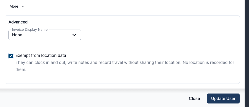 The Advanced section of the Update User drawer with Exempt from location data ticked below Invoice Display Name