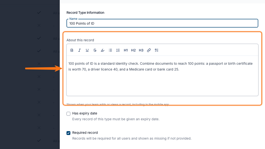 The Create User Record Type drawer with the About this record field filled in for 100 Points of ID, describing the documents and point values needed