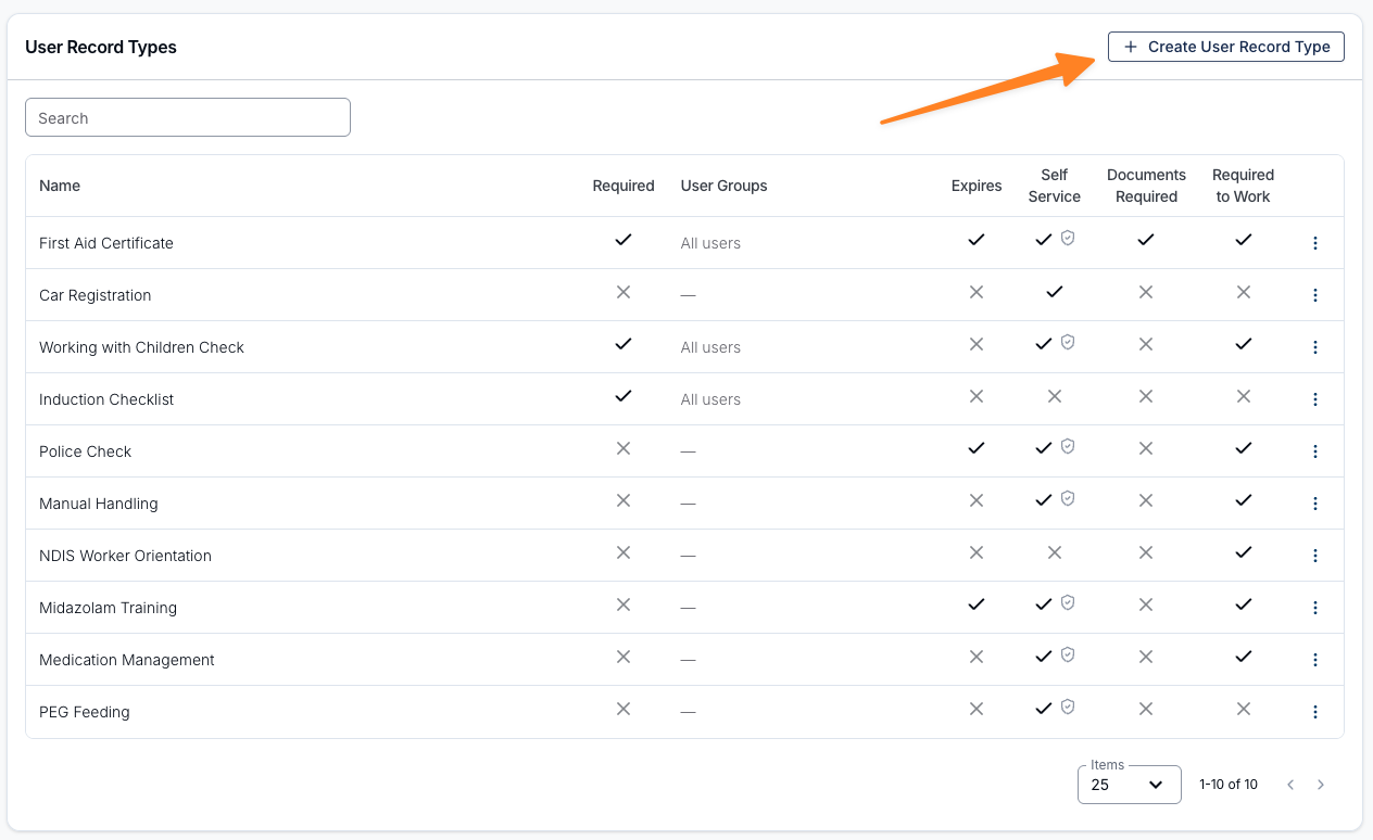 The User Record Types list on the User settings page, with an arrow pointing to the Create User Record Type button in the top right. The table lists Record Types such as First Aid Certificate, Car Registration, Working with Children Check and Police Check across the Required, User Groups, Expires, Self Service, Documents Required and Required to Work columns.