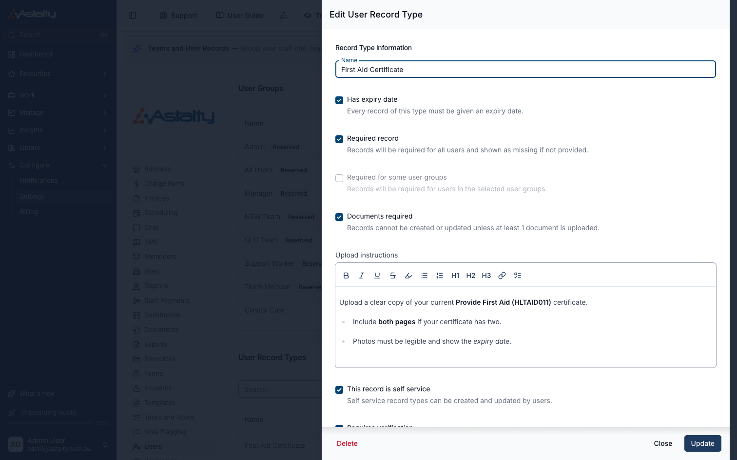 The Edit User Record Type drawer with the Upload instructions field under Documents required, showing formatted instructions for a First Aid Certificate