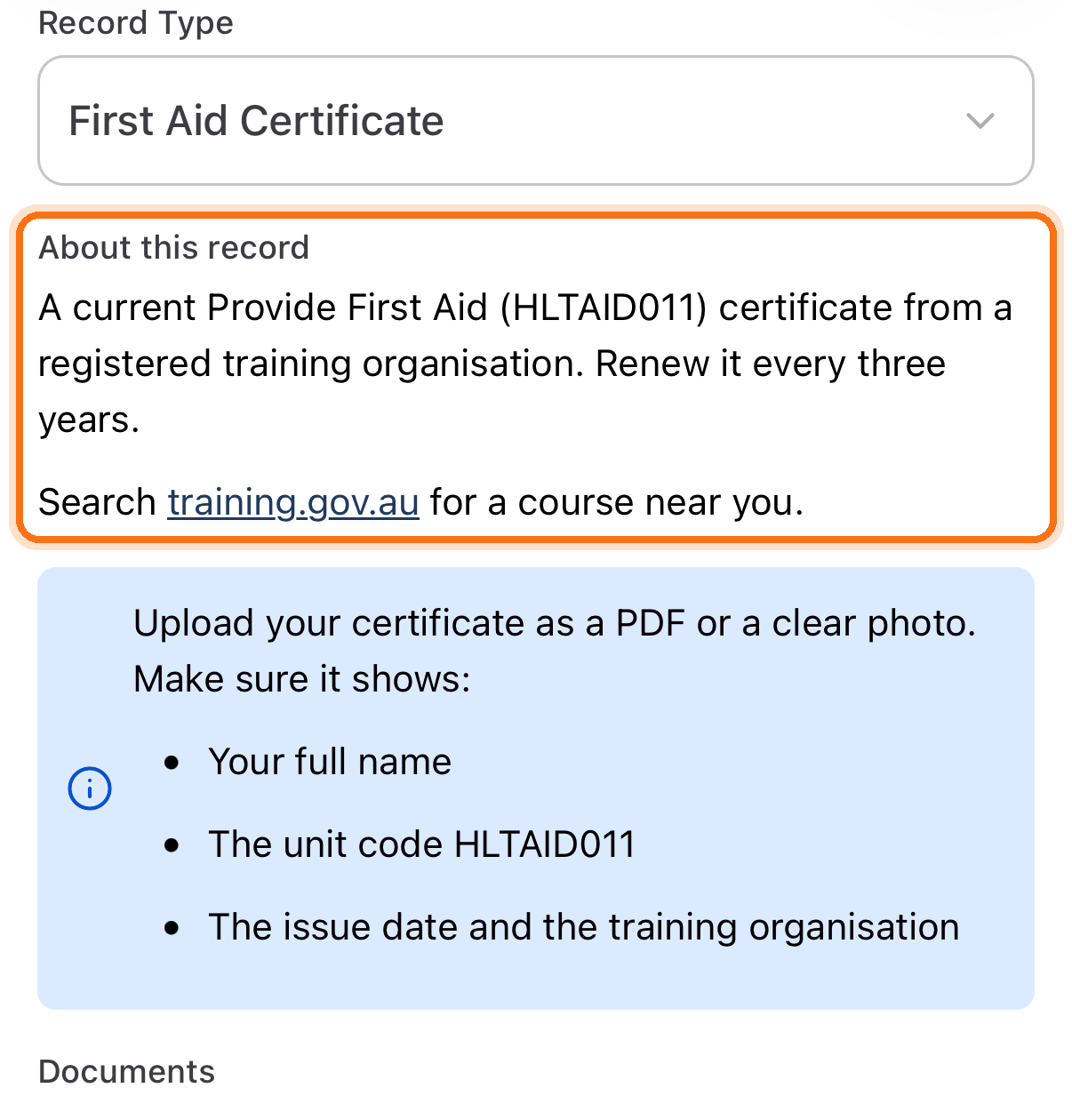The Upload Record screen for First Aid Certificate, with the About this record box explaining the HLTAID011 certificate and how often to renew it