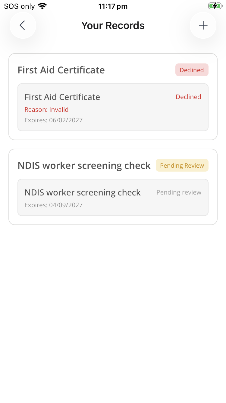 The Your Records screen showing an NDIS worker screening check card with an amber Pending Review badge and an entry marked Pending review expiring 04/09/2027, above a First Aid Certificate card with a red Declined badge.