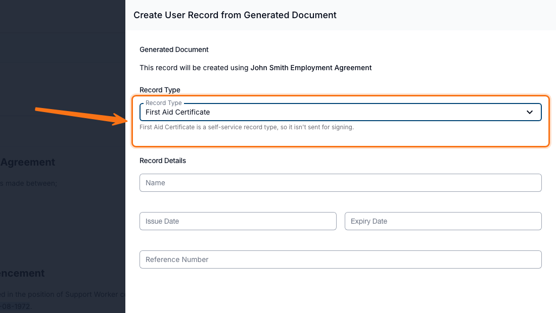 The Create User Record from Generated Document drawer with First Aid Certificate selected, and a note under Record Type reading 'First Aid Certificate is a self-service record type, so it isn't sent for signing.'