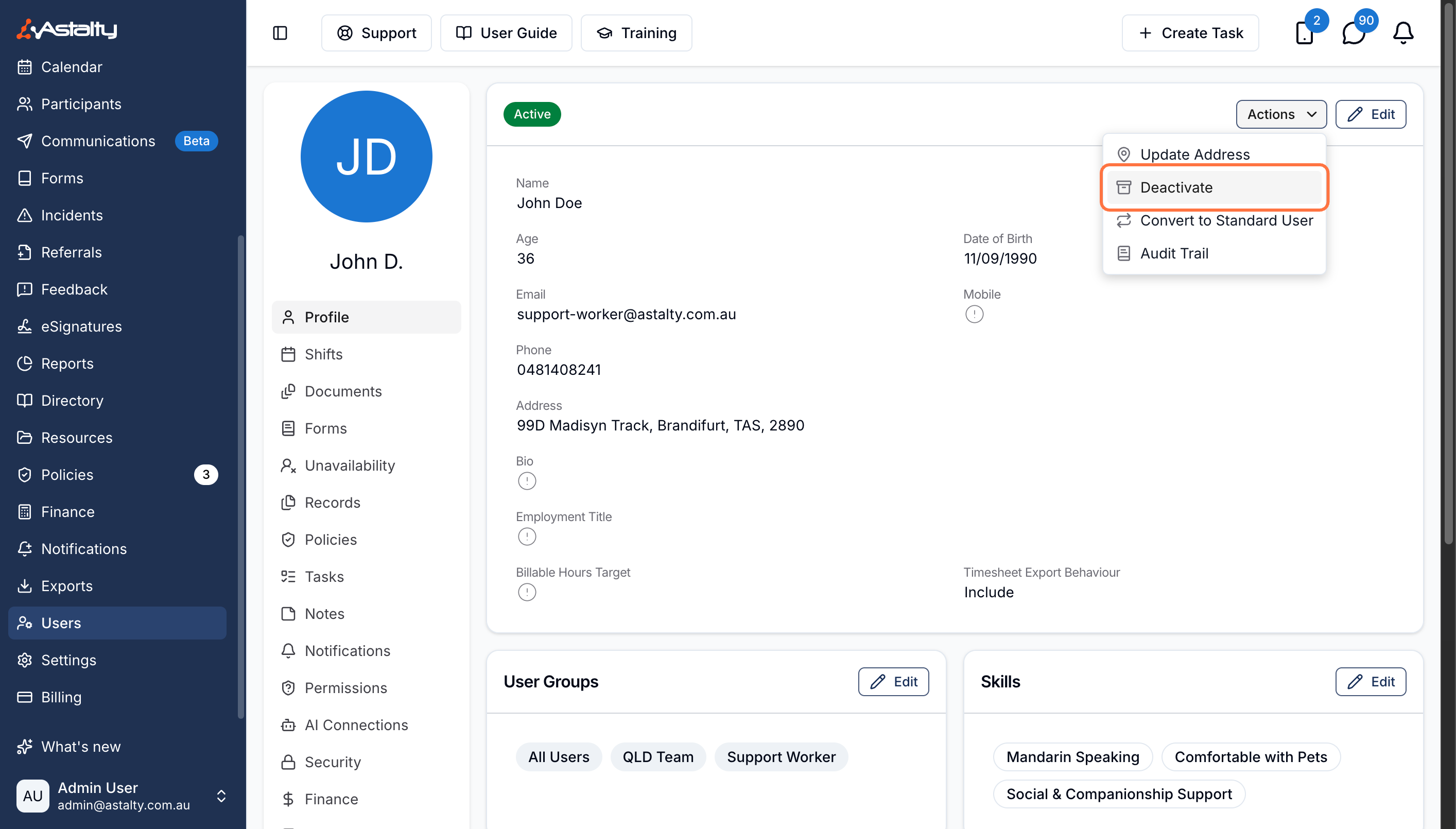 A user profile with the Actions menu open, listing Update Address, Deactivate, Convert to Standard User and Audit Trail.