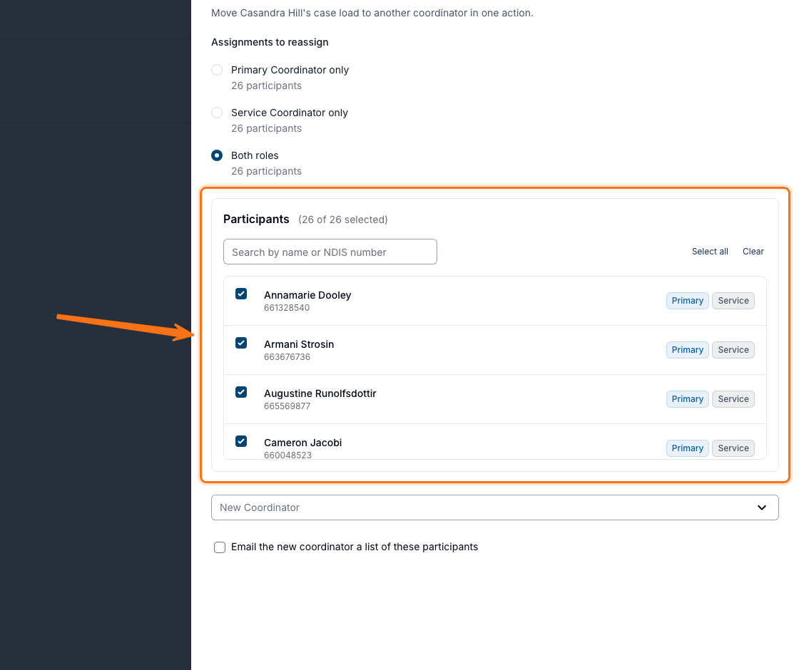 The Reassign Participants drawer, with the assignment scope options, the searchable Participant list, the New Coordinator field and the email checkbox