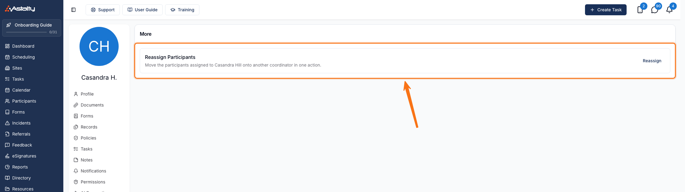 The More tab of a user's profile, showing the Reassign Participants row and its Reassign button