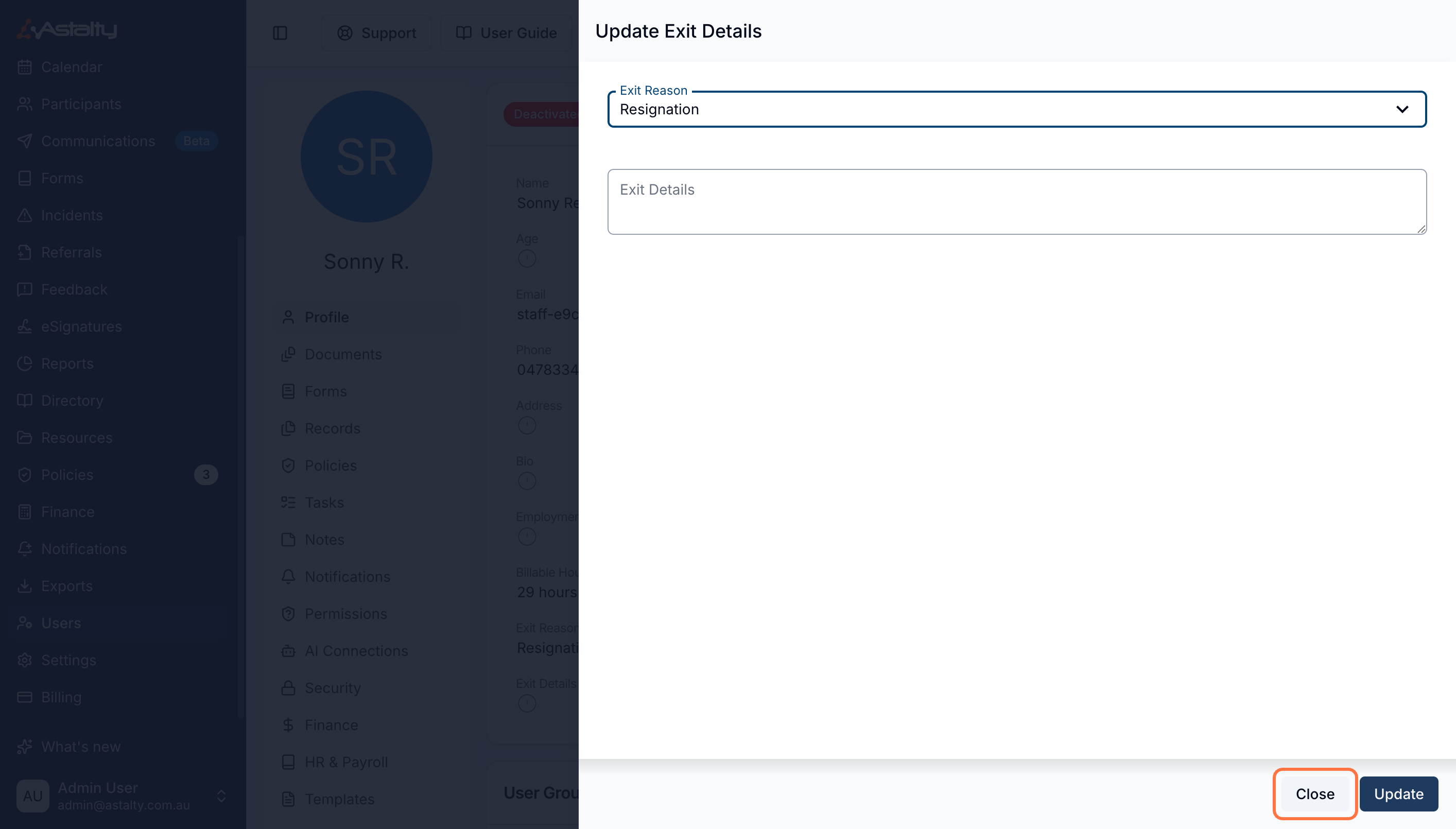 The Update Exit Details drawer on a deactivated user, with an Exit Reason dropdown set to Resignation and an empty Exit Details field above Close and Update buttons.