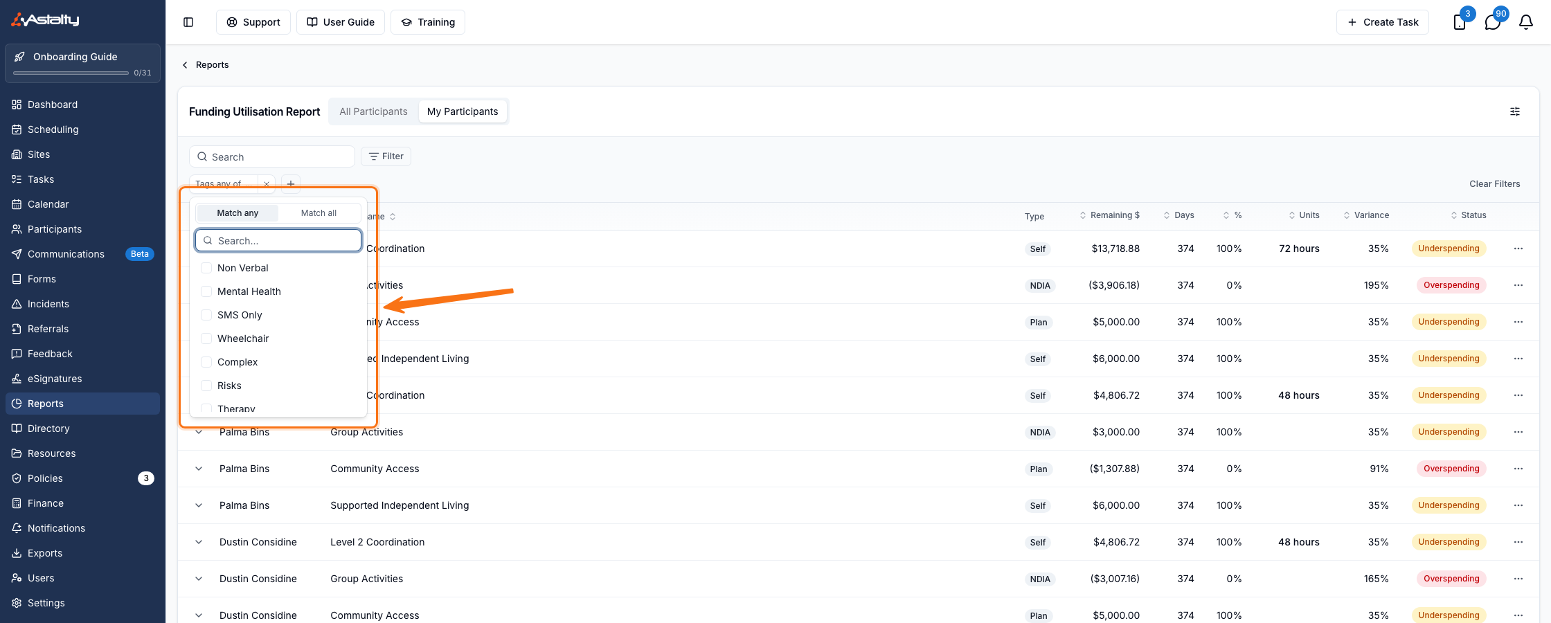 The Tags filter on the Utilisation report, with the Match any and Match all options above a searchable list of Participant Tags