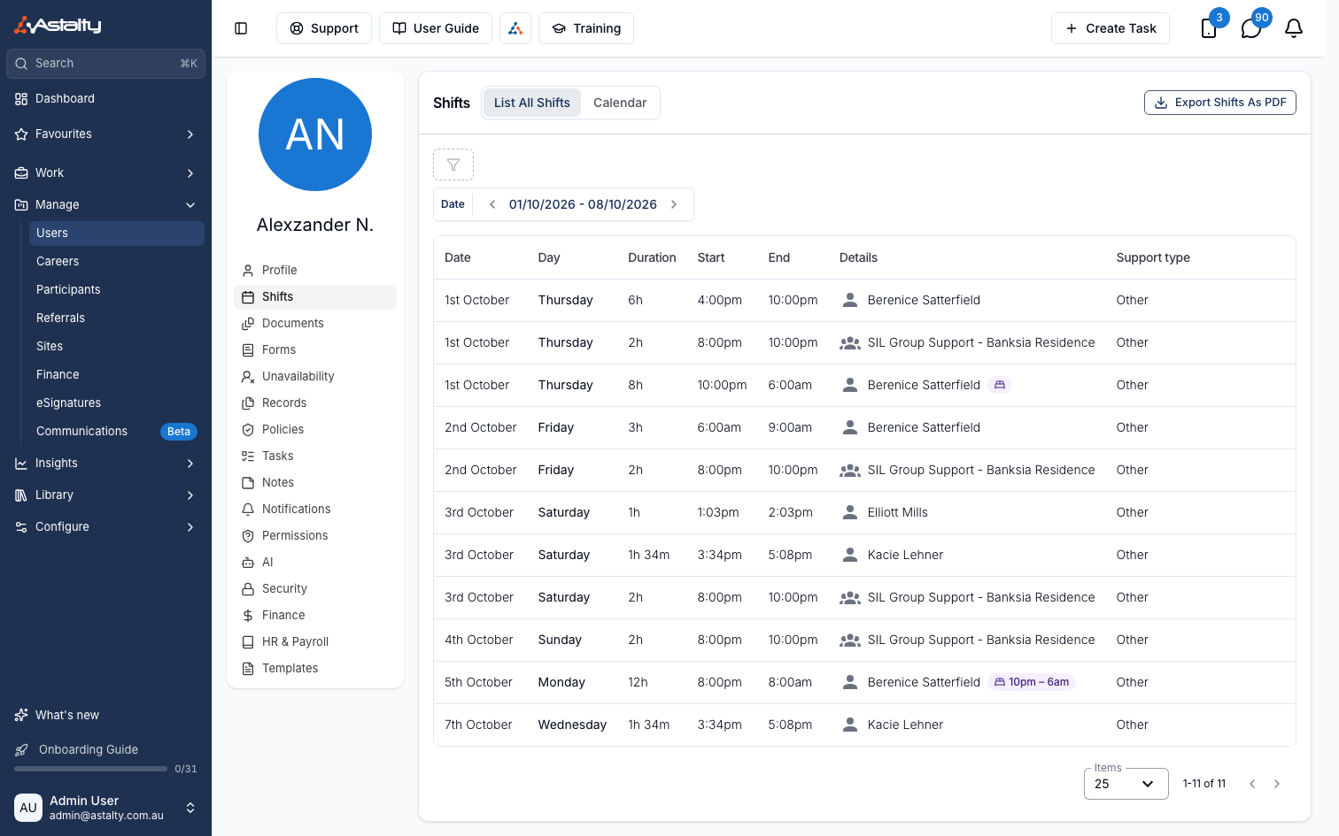 A worker's Shifts list with a bed icon on a whole-shift sleepover, and a bed icon with a 10pm to 6am time range on a shift with active hours around the sleepover window.