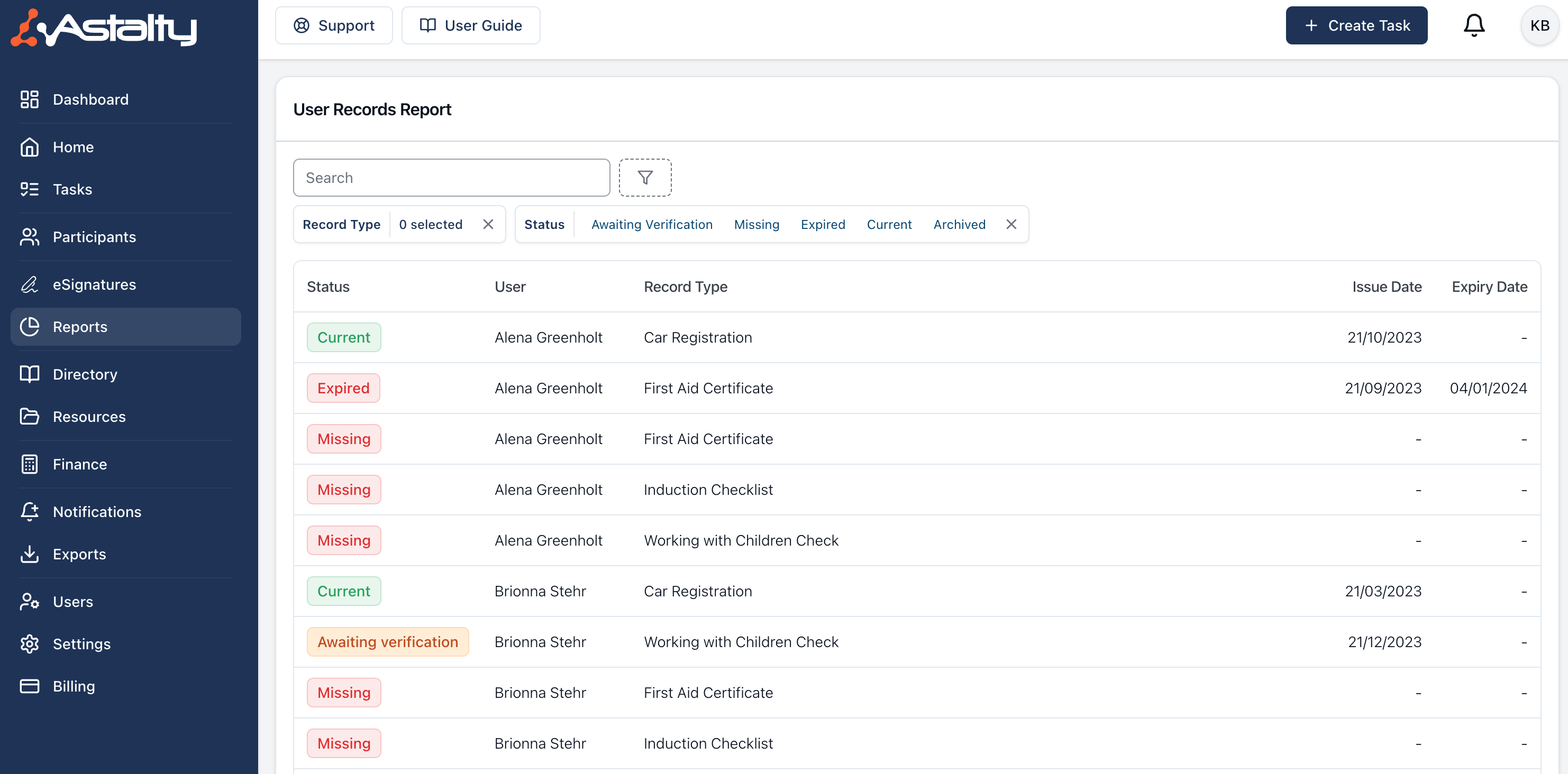 User Records Report | Astalty Guide